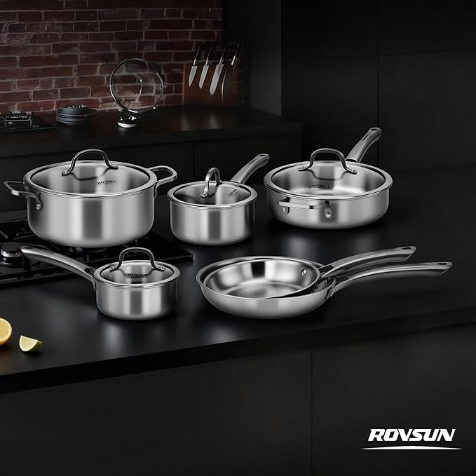ROVSUN 10-Pcs Stainless Steel Cookware Set, Tri-Ply Pots and Pans Set with Lids, Full Clad Stainless Steel, Non-Toxic Kitchen Set, PFOA & PTFE Free, Compatible for All Cooktops