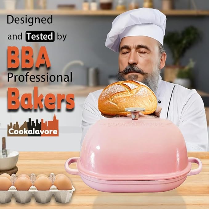 Cast Iron Bread Oven,6 QT Bread Oven,Thick Enameled Loaf Pan with Lid,Bread Pans for Homemade Bread,14.5"Dutch Oven for Bread Baking,Dutch Oven-with Silicone Baking Mat&Recipe,Gifts for Family,Pink