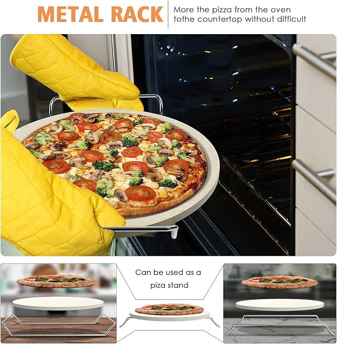 5 PCS Round Pizza Stone Set, 13" Pizza Stone for Oven and Grill with Pizza Peel(OAK),Serving Rack, Pizza Cutter & 10pcs Cooking Paper for Free, Baking Stone for Pizza, Bread