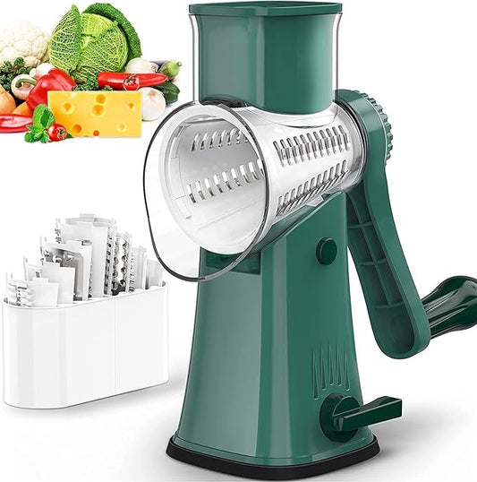 Rotary Cheese Grater Chopper Vegetable Cutter Slicer with Stainless Steel Drum Blades for kitchen, 5 in 1 Manual Round Mandoline Julienne Shredder Potato Grinder for Fruit, Nuts,Onion Green