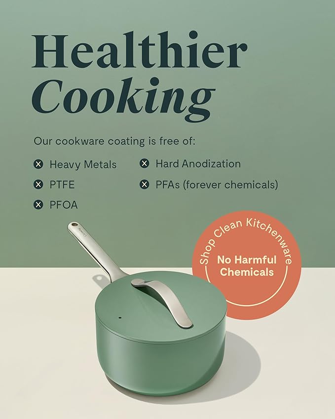 Caraway Nonstick Ceramic Sauce Pan with Lid (1.75 qt) - Non Toxic, PTFE & PFOA Free - Oven Safe & Compatible with All Stovetops (Gas, Electric & Induction) - Sage