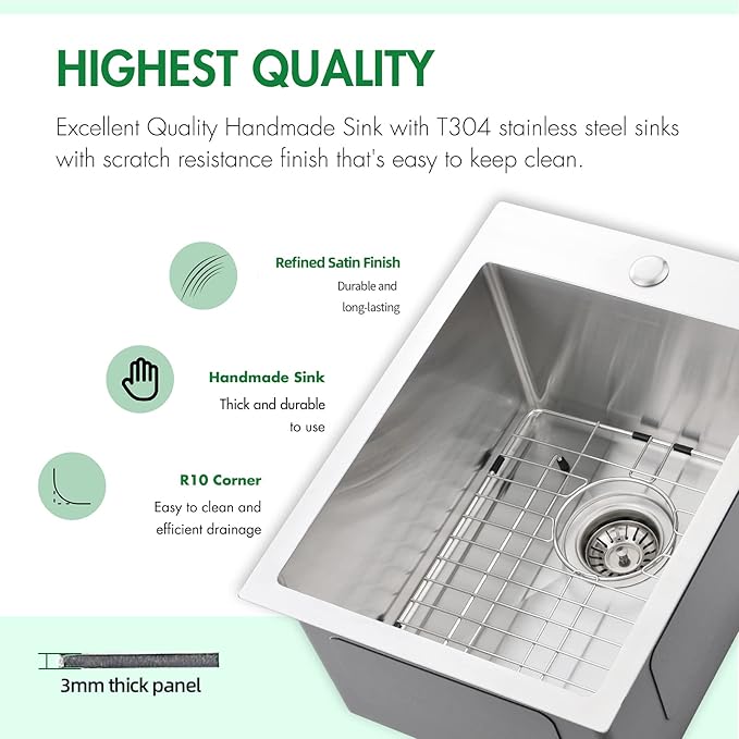 Drop In Kitchen Sink, 15 x 20 x 10 Inch 16 Gauge Single Bowl Topmount Wet Bar Sink T-304 Stainless Steel RV Kitchen Sinks