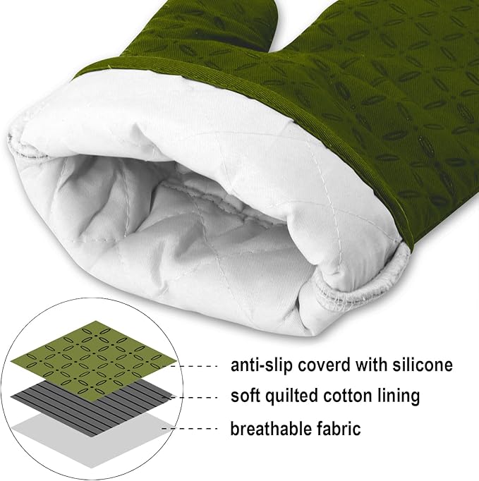 KEGOUU Oven Mitts and Pot Holders 6pcs Set, Kitchen Oven Glove High Heat Resistant 500 Degree Extra Long Oven Mitts and Potholder with Non-Slip Silicone Surface for Cooking (Olive Drab)