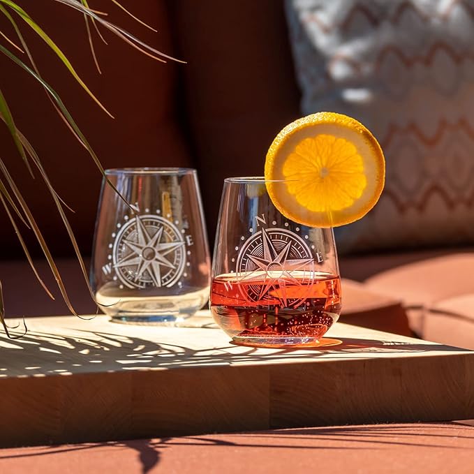 Rolf Glass Compass Star Stemless Wine Glass | 15.75 Ounce Stemless Tumblers | Set of 4 | Nautical Themed Glassware | Stylish Drinkware for Wine Lovers