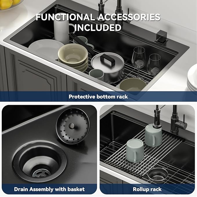 Lordear 36 Inch Black Drop In Kitchen Sink - 36x22x10 Inch Drop in Top Mount Sink 16 Gauge Stainless Steel Single Bowl Ledge Worktation Kitchen Sinks Handmade Deep Basin With Cutting Board