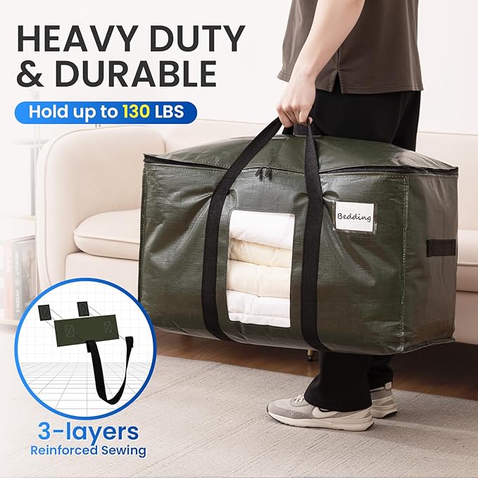 TAILI 8 Pack Green Extra Large Storage Bags, Heavy Duty Totes with Visible Window, Wrap Around Handles, Perfect for Moving