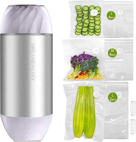 Auto Handheld Vacuum Sealer for Food with 10 Reusable Vacuum Seal Bags(4 Small, 4 Medium, 2 Extra-long), One-Touch Sealing, BPA-Free, Upgraded Sturdy Air Valve, Sous Vide Bag