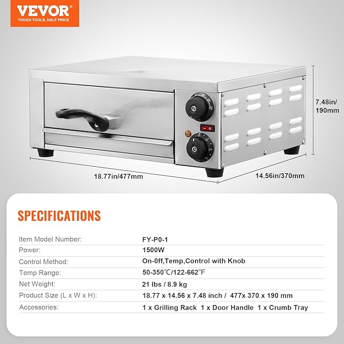 VEVOR Electric Pizza Oven for Countertops, 12-inch, 1500W, with Temp Control & 0-120 Min Timer, Even Baking Technology & Easy Clean Crumb Tray, Ideal for Both Commercial & Home Kitchens