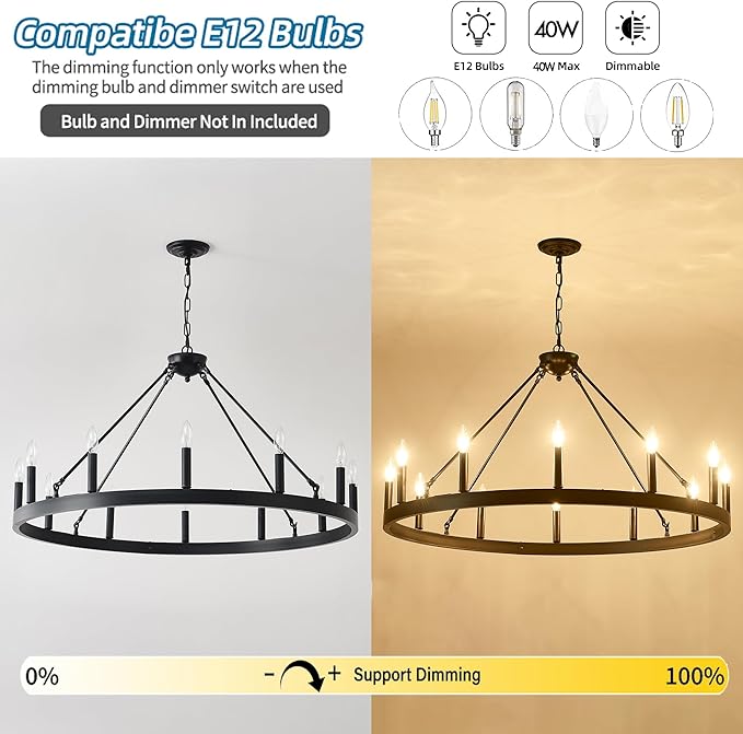 40 Inch Black Farmhouse Wagon Wheel Chandelier,12-Light Round Industrial Pendant Light fixtures for Outdoor Porch high Ceilings Living Dining Room Foyer Entryway