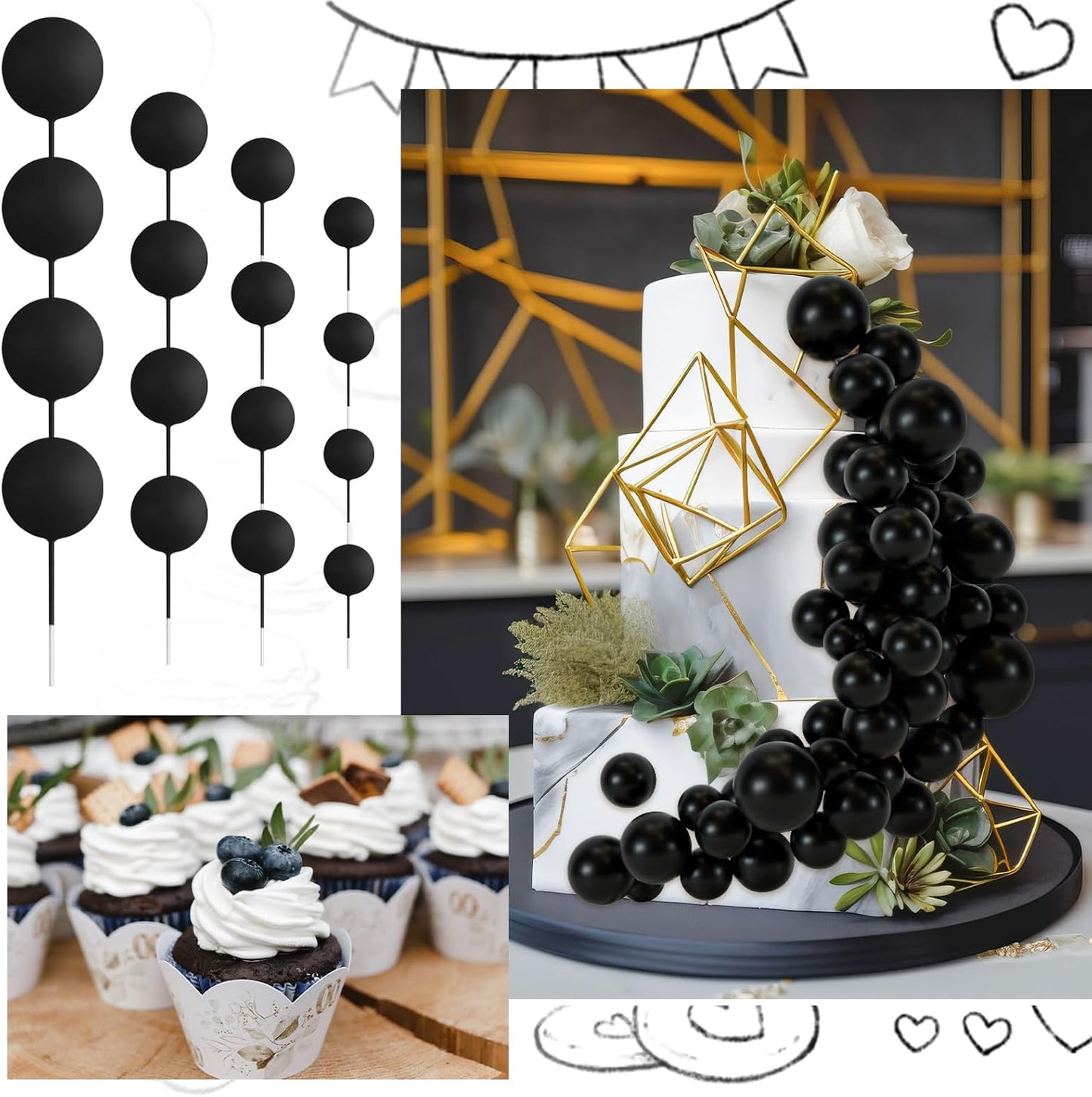 48 Pcs Balls Cake Topper Decorations Balloon Cupcake Toppers Foam Cake Topper Balls Cake Balls Decorations for Birthday Party Wedding Anniversary Cake Decorating (Black)
