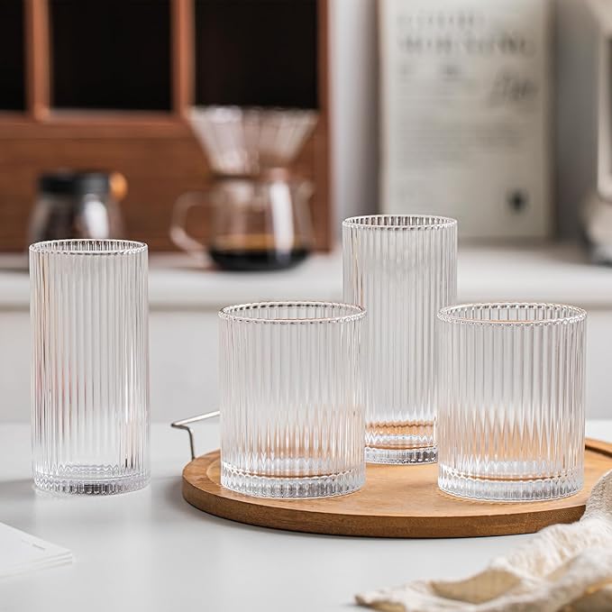 INSETLAN 12-Piece Ribbed Glassware - 6 Highball Glasses 12 oz, 6 Rocks Glass Cups 14 oz, Vintage Cocktail Drinking Glasses, Ideal for Wine, Juice, Water, Ice Coffee Cup, Whiskey, Mixed Drinkware