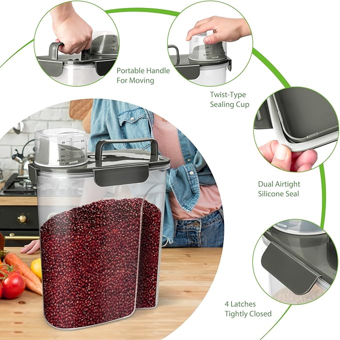 Rice Storage Container, 5 to 10lb Dry Food Airtight Dispenser, Pet Dog Cat Food Canister, BPA Free Clear Plastic Kitchen and Pantry Organization Bin for Oatmeal, Grain, Cereal, Pasta, Flour