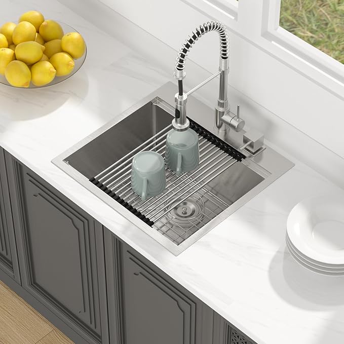 Lordear 21x20x10 Inch Drop in Kitchen Bar Sink - 16 Gauge Stainless Steel Single Bowl Workstation, Topmount Over Counter, for Wet Bar/Prep/Small Kitchen with Cutting Board