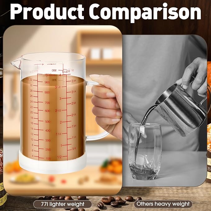 Lallisa 3 Sets Glass Measuring Cups with Handle 1 1/4 Cup, 2 Cup, 4 Cup High Borosilicate Glass Measuring Beaker, V Shaped Spout, 3 Scales (OZ, Cup, ML/CC) for Kitchen Restaurant
