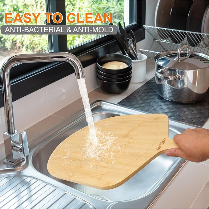 14 inch Natural Bamboo Pizza Peel Set of 2, Double-Sided Use Pizza Cutting Board with 8 Slice Grooves for Pizza, Bread, Cheese, Vegetable, Fruits