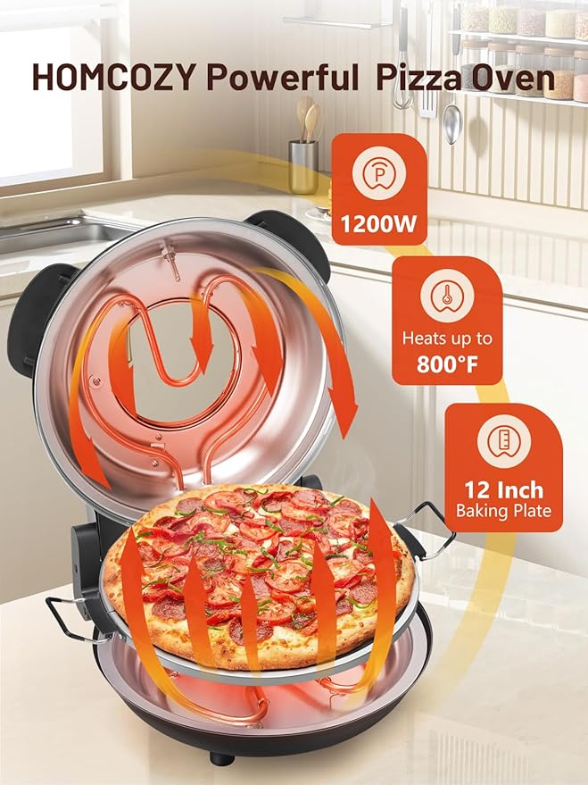 Electric Pizza Oven Indoor with Glazed Ceramic Stone, 12-Inch Portable Countertop Pizza Maker with Adjustable Timer, 1200W Heat up to 800°F Pizza Maker with Viewing Window for Home DIY Pizza