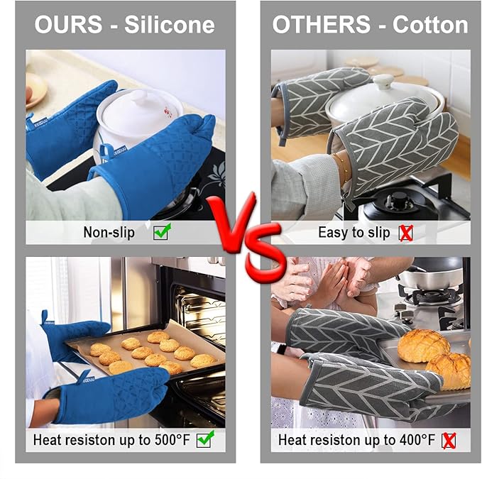 KEGOUU Oven Mitts and Pot Holders 6pcs Set, Kitchen Oven Glove High Heat Resistant 500 Degree Extra Long Oven Mitts and Potholder with Non-Slip Silicone Surface for Cooking (Royal Blue)