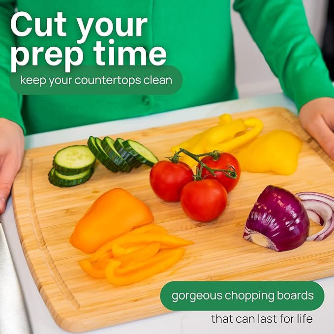 GREENER CHEF 15 Inch Bamboo Cutting Board with Lifetime Replacements - Medium Wooden Chopping Board for Kitchen, Butcher Block, Meat, Vegetables, Charcuterie and Cheese Board
