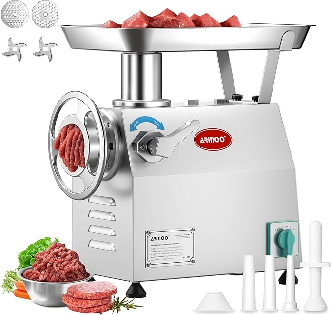 TK #22 Electric Heavy Duty Meat Grinder, 1.2 HP Stainless Steel Meat Mincer with 2 Grinder Knives, 2 Grinder Plates & 3 Sausage Stuffing Tubes, Meat Grinder for Home Kitchen Use