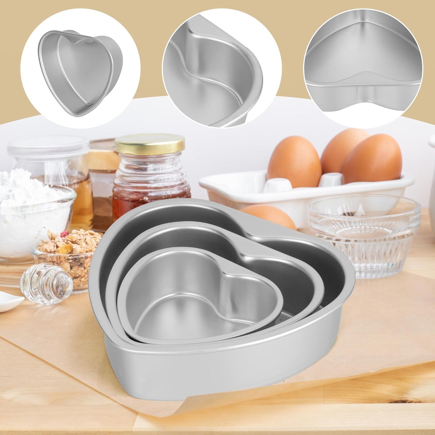 3 Pack 6 Inch Heart Shaped Cake Pans with Fixed Bottom, Aluminum Heart Baking Pan, Hearts Cake Mold for Wedding, Party
