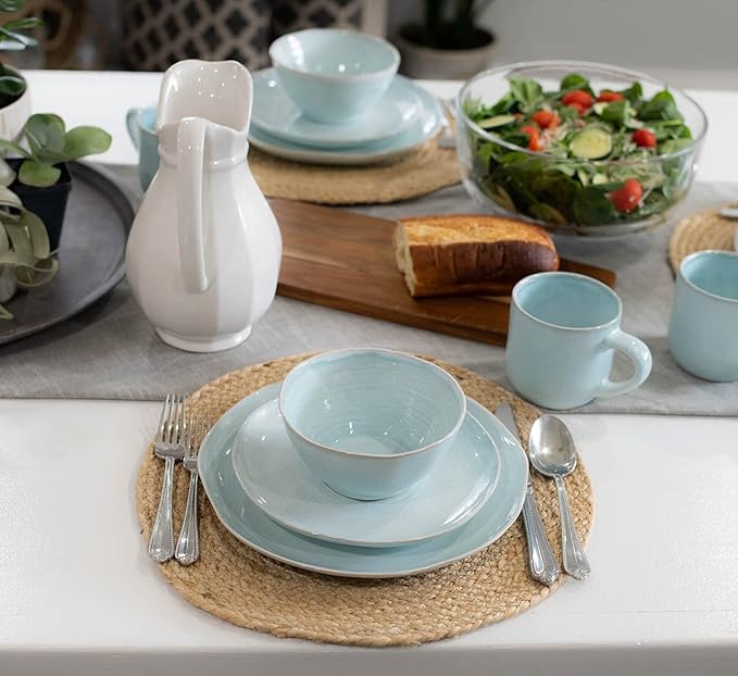 Elanze Designs Reactive Glaze Farmhouse Rustic Boho Ceramic Stoneware Dinnerware 16 Piece Plate Bowl Mug Dish Set - Service for 4, Ice Blue