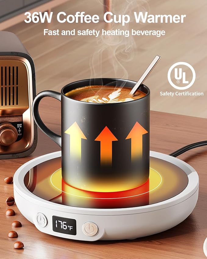 SWEETFULL Mug Warmer - Upgraded 36W Coffee Cup Warmer for Desk with 130℉-176℉ Digital Display, 2-12H Timer Auto Shut Off, Smart Electric Coffee Heating Plate, Ideal Gifts for Women Men - White