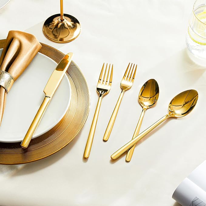 KINGSTONE Gold Silverware Set, 40 Piece Flatware Cutlery Set for 8, 18/10 Stainless Steel Silverware Mirror Polished Dishwasher Safe for Home, Restaurant, Wedding, Party(Gold, 40 pieces for 8)