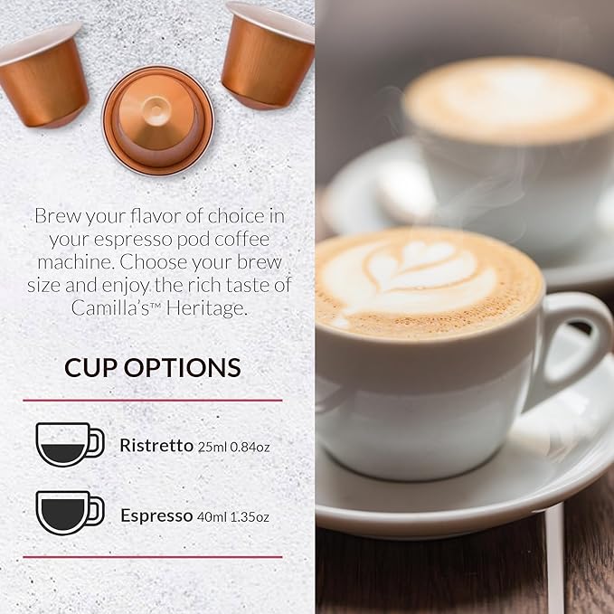 Camilla’s Heritage - Intensity 8 Hazelnut Flavored Espresso Coffee, Gourmet Espresso Cups, 60 Coffee Pods