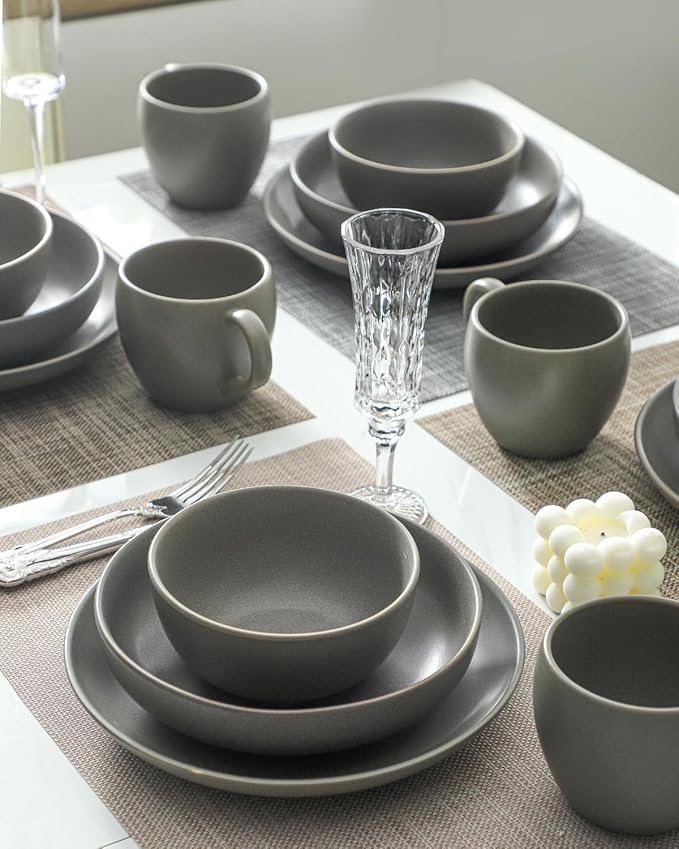 Dinnerware Sets for 4, 12 Pieces Stoneware Plates and Bowls Sets, Ceramic Dishes Set of 4, Scratch Resistant Dishware Sets, Dishwasher & Microwave Safe, Grey