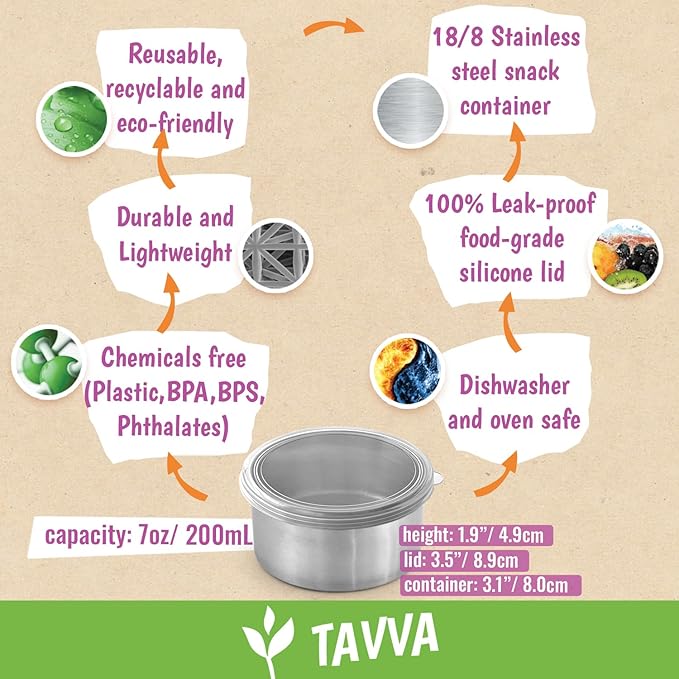 TAVVA 4 X 7oz Stainless Steel Containers with Lids - Leakproof w/Silicone Lids - BPA Free - Dishwasher & Freezer Safe - Portable & Reusable - Stainless Steel Storage Food Snack Containers