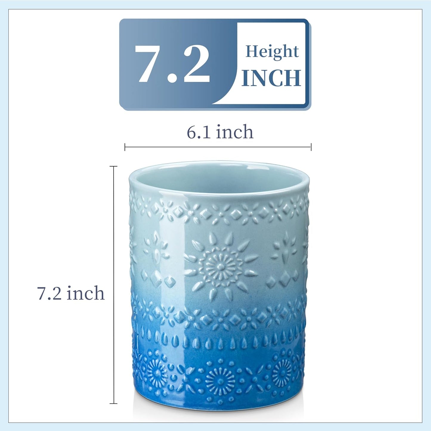 LOVECASA Extra Large Kitchen Utensil Holder, 7.2" Ceramic Farmhouse Utensil Holder For Kitchen Décor Countertop With Heavy And Sturdy Base, Utensil Crock Organizer, Blue