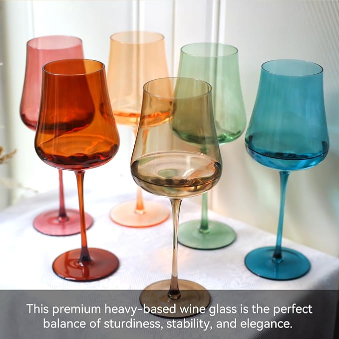 Colored Wine Glasses Set of 6-18oz Hand Blown Colorful Wine glasses - Unique Gift for Birthday,Wedding, housewarming