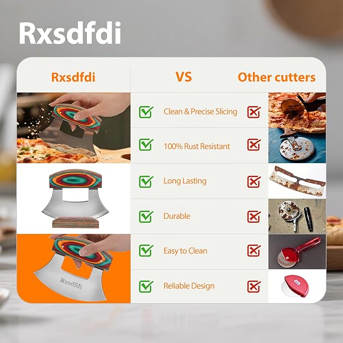 Pizza Cutter Rocker Knife, Sharp Ulu Knife with Wooden handle, Stainless Steel Blade Mincing Knives with Colored Wood Stand
