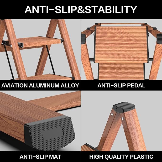 GameGem 3 Step Ladder, Aluminum Folding Step Stool with Anti-Slip Sturdy and Wide Pedal, Lightweight Portable Stepladder for Home and Kitchen Use Space Saving, Woodgrain, 330 lbs