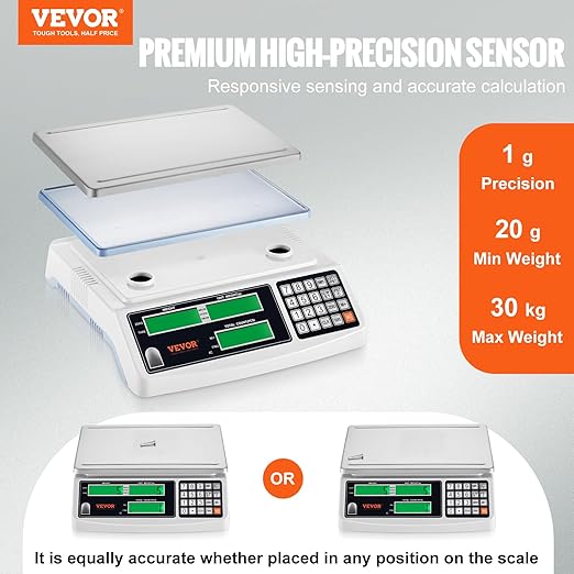 VEVOR Industrial Counting Scale, 30 kg x 1 g, Digital Scale for Parts and Coins, g/kg/lb Units, Electronic Gram Scale Inventory Piece Counting Scale Kitchen Jewelry Counting Scale with 3 LCD Screens