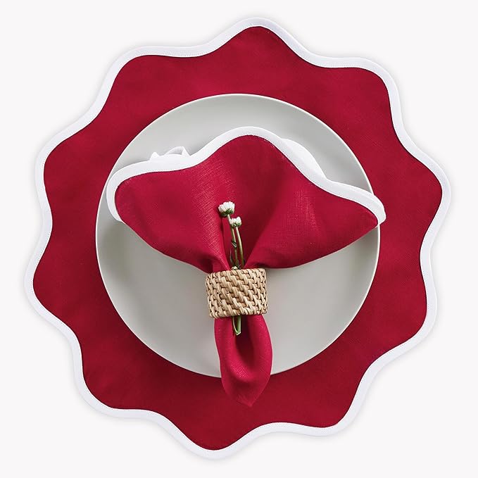 Solino Home Linen Scallop Cloth Placemats Set of 4-100% Pure Linen White and Red Round Placemats 16 Inch - Giselle Scallop Edge, Handcrafted and Machine Washable - Christmas