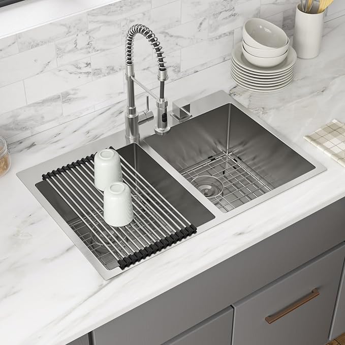 33 Inch Double Bowl Kichen Sink - Funmier 33" x 22" Drop In Stainless Steel Double Bowl Kitchen Sink 50/50 16 Gauge Handmade Deep Basin