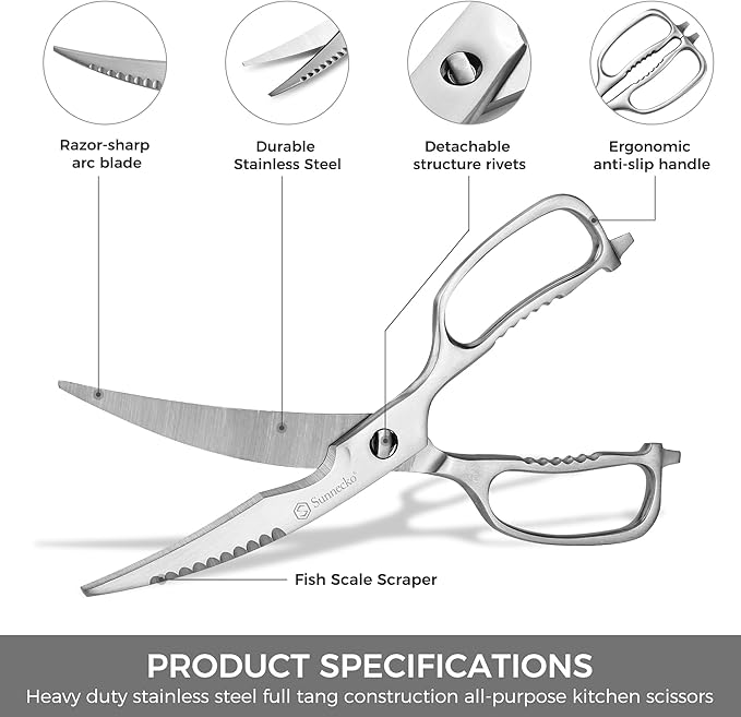 Sunnecko Kitchen Scissors for Food, Heavy Duty Scissors All Purpose Kitchen Shears That Come Apart, 9 Inch Fully Forged Stainless Steel with Curved Blades
