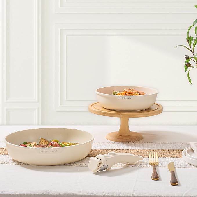 JEETEE Nonstick Pots and Pans Set with Removable/Detackable Handle (Beige, 20 pcs)