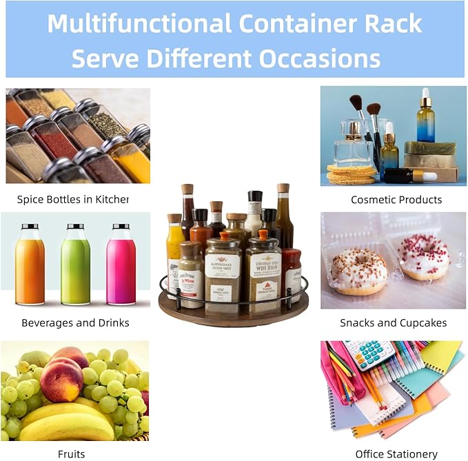 Wooden Lazy Susan Turntable Organizer for Cabinet, Table Top, Kitchen, Pantry, Bathroom, Vanity Countertop, Rotating Wood Lazy Susans Rack for Condiment, Seasoning, Spice Storage Organization(Round)