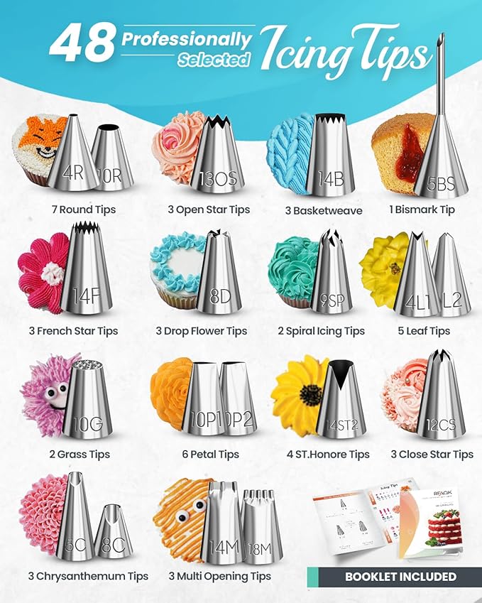 RFAQK 74 PCs Icing Piping Bags and Tips Set, Cake Decorating Kit with 48-Numbered Piping Tips, Anti Burst Pastry Bags for Cookie Cupcake Cake Decoration, Cake Decorating Tips Set with Booklet & E-book