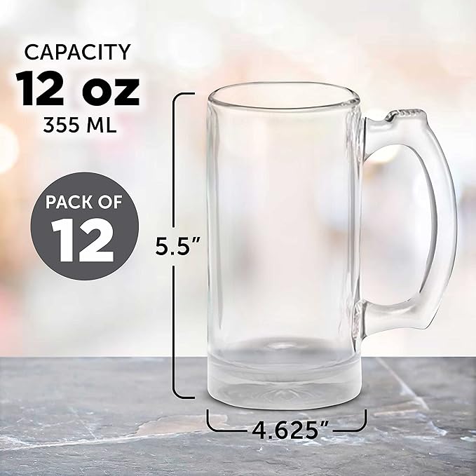12 Libbey Beer Mugs Set, 12 oz. - Groomsmen Glassware - Clear