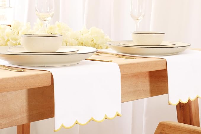 PurpleEssences Scalloped Embroidery Cloth Napkins Christmas Holiday Winter Table Decor 100% Cotton Set of 4-18 x 18 inch - White - Edges - Yellow