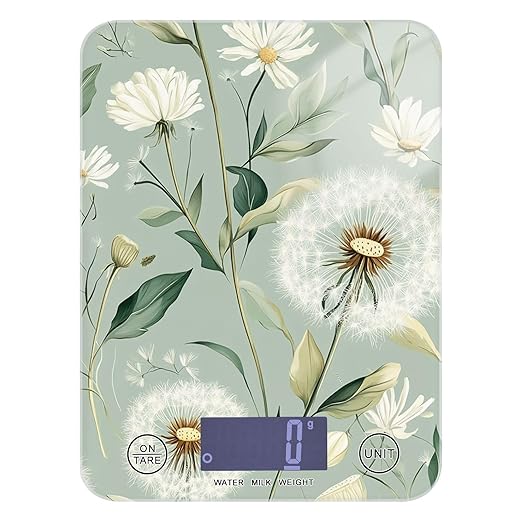 Sage Green Dandelion01 Food Scale Kitchen Digital Scale Food Ounces and Grams Dieting Baking Cooking Waterproof Glass Panels LCD Display,4 Units Tare Function