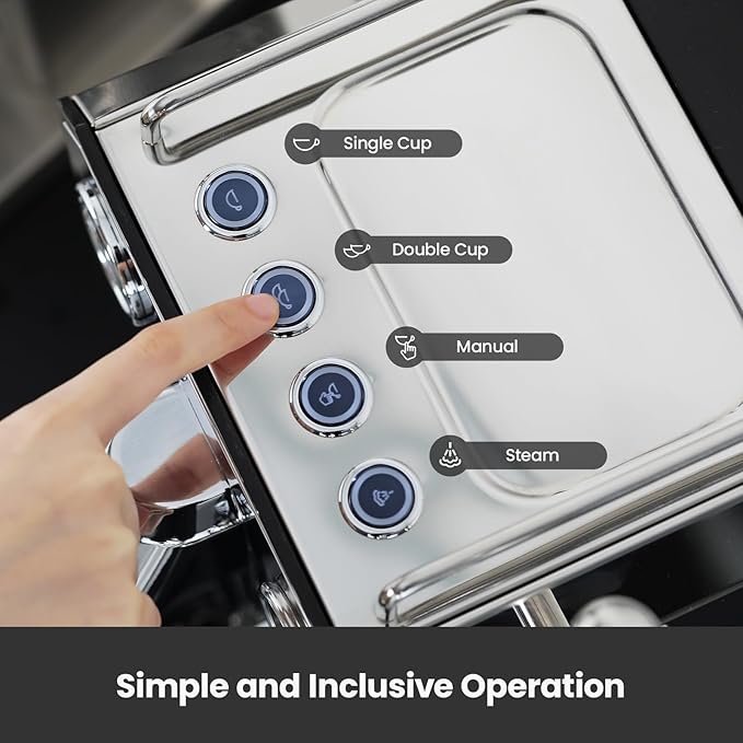 Gemilai Owl Espresso Machine, 15 Bar Professional Semi-Automatic Espresso Maker with Milk Frother Steam Wand & 57oz Removable Water Tank, Dual Display, for Cappuccino, Latte, G3006, Stainless Steel