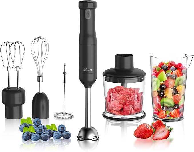 Rosewill 6-in-1 Multi-Speed Cordless Rechargeable Immersion Hand Blender, Heavy Duty Motor - Stick Blender, Beaker, Whisk, Chopper, Dual Beater, Milk Frother - For Smoothies, Baby Food, Soup (Black)