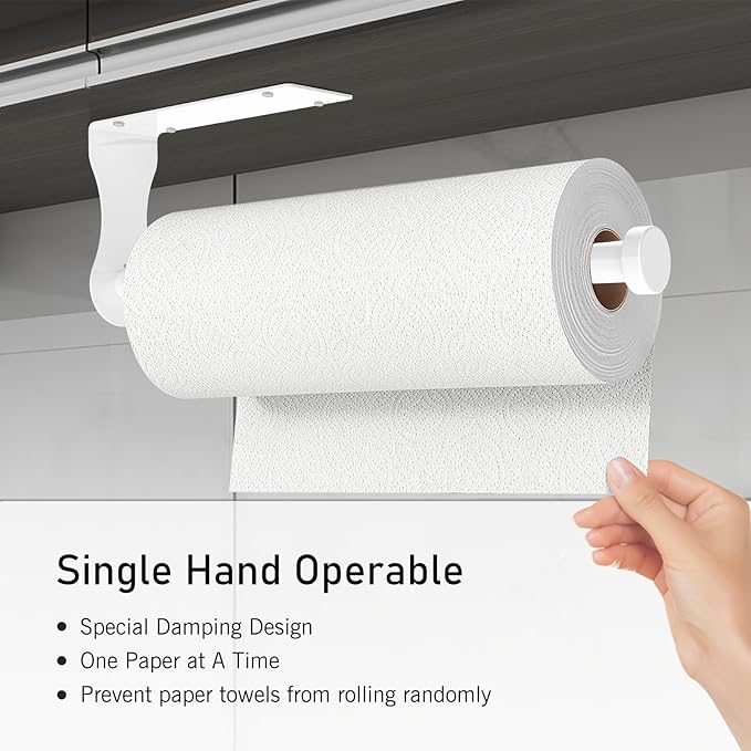 SetSail Paper Towel Holder, Paper Towel Holder Under Cabinet with Adjustable Damper Easy Tear Wall Mount Self-Adhesive or Drilled for Kitchen Bathroom, White