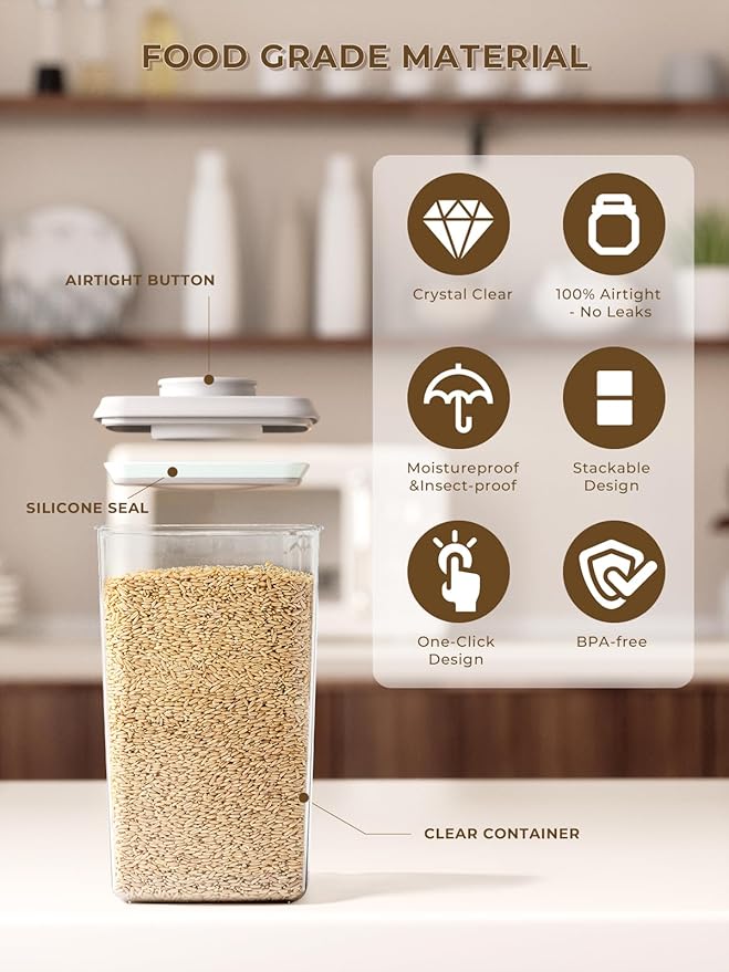 Large Rice Storage Container, 4 Pack Airtight Pop Food Holder with Lid & Measuring Scoop, 4L/6.06Lbs Flour Dispenser for Dry Food Storage and Kitchen Pantry Organization