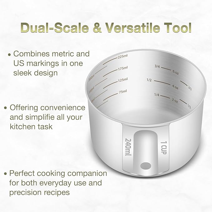 2PCS 1Cup (240ml, 8oz) Single Measuring Cup, Etched Inner Scale Stainless Steel Measure Scoop, Metric and US Measurement, Dishwasher Safe