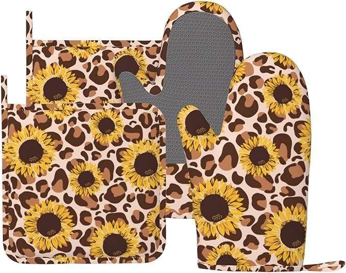 Sunflowers Leopard Print Oven Mitts and Pot Holders Set of 4 Silicone Kitchen Mitten Gloves and Non-Slip Sunflower Leopard Print Potholders Set Heat Resistant Oven Gloves Hot Holders for BBQ